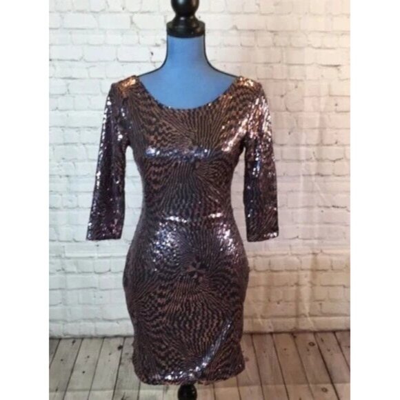 As U Wish Dresses & Skirts - As U Wish Dress Bodycon Copper Black Sequins Low Scoop Back 3/4 Sleeve Small